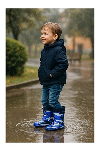 Motif Peluş Astarlı Lacivert Kamuflaj Çocuk Yağmur Çizmesi – Hafif, Dayanıklı, Kaymaz Pvc Taban