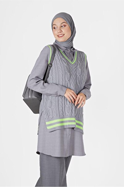 TRENDTESETTÜR Women's Gray Knitted Patterned Sweater 1727