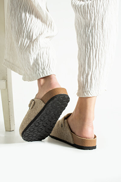 Moda Devrin Unisex Μπεζ χειμερινές παντόφλες με κλειστό μπροστινό μέρος, σόλα από φελλό, άνετο μοντέλο Sabo Daily Casual Home Slippers