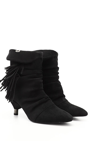 GÖNDERİ(R) Women's Black Suede Tasseled Pointed Toe Thin Heeled Boots