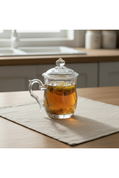 İnova Home Decor Tekli Kapaklı Cam Bitki Çayı Kupası 385 Ml.