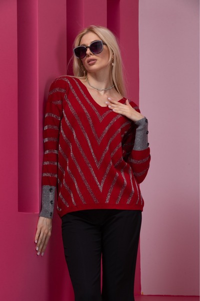 Clothes Fast Burgundy Striped V-Neck Women's Sweater