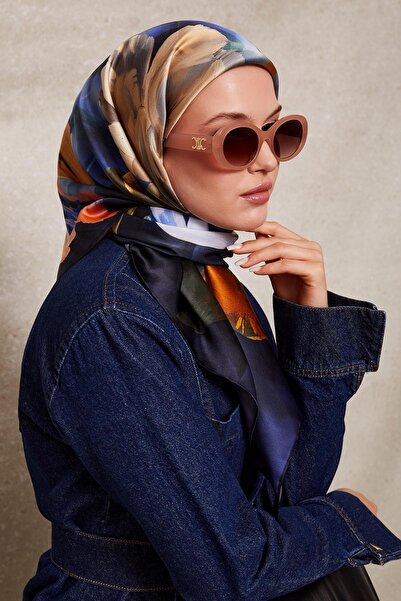 Levidor وشاح حريري منقوش بالزهور باللون الأزرق الداكن