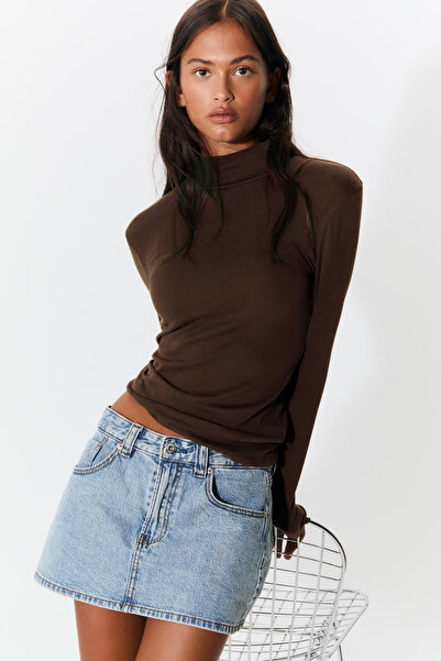 VODENS Women's Brown Mock Neck Soft Textured Basic Long Sleeve T-Shirt