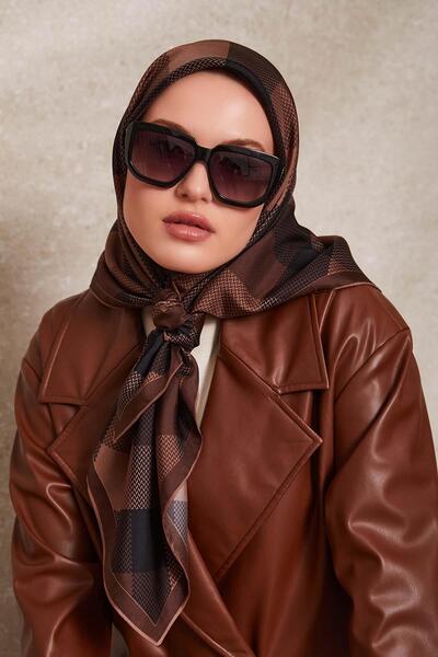 Levidor Μεταξωτό κασκόλ από μετάξι με καρό σχέδιο με καφέ κουάντα