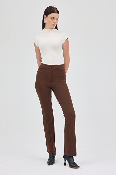 Rays Kahve Straight/Düz Kesim Yüksek Bel Nervür Dikişli Örme Pantolon TCR-6873A