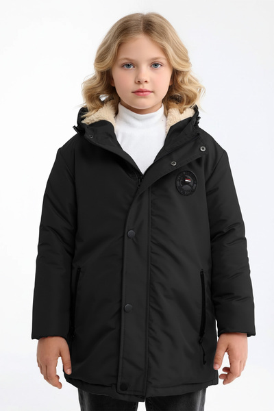 QAWWA Kız Çocuk Elyaf Dolumlu Kapüşonlu Rüzgar Geçirmez Siyah Kışlık Kaban & Parka