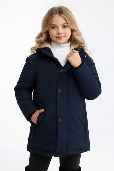 QAWWA Kız Çocuk Elyaf Dolumlu Kapüşonlu Rüzgar Geçirmez Lacivert Kışlık Kaban & Parka