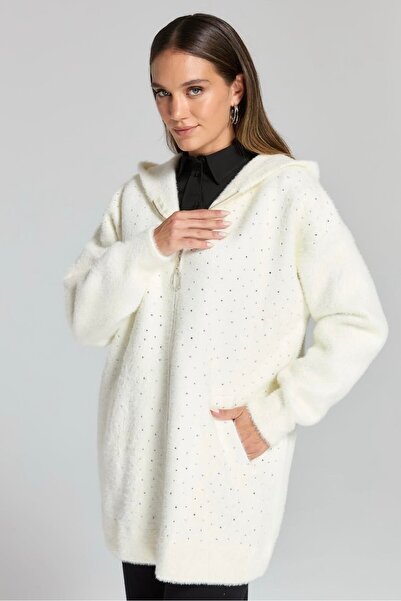 FUAT GÜRSEN Pearl Embroidered Hooded Zippered Plush Coat