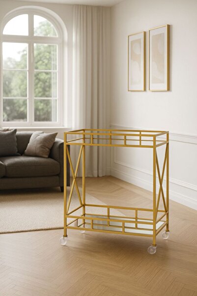 MERZANA Metal Bar Servis Arabası, Gold Servis Ve Sunum Arabası, Ayna Raflı Se...