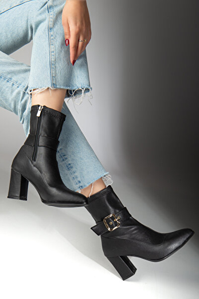 guijarro Premium Siyah Streç Kalın Topuklu Bootie Kadın Bacağı Saran Gold Tokalı Sivri Burun Kışlık Bot