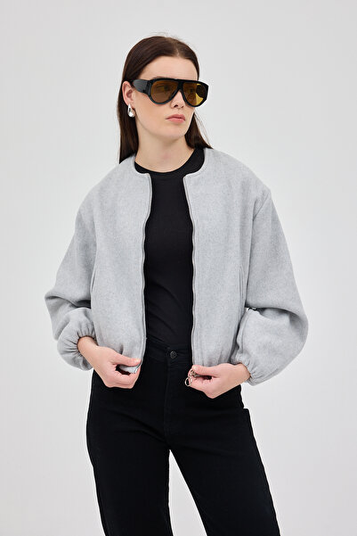 Rays Gri Balon Kol Fermuarlı Astarlı Kısa Kadın Ceket 3053A
