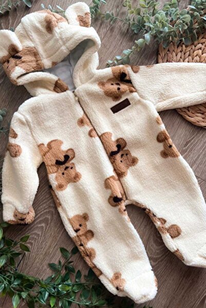 Mamman's Teddy Bear Pattern Winter Plush Baby Romper with Booties, Thick Unisex, Girls-Boys Soft Towel Astronaut Jumpsuit