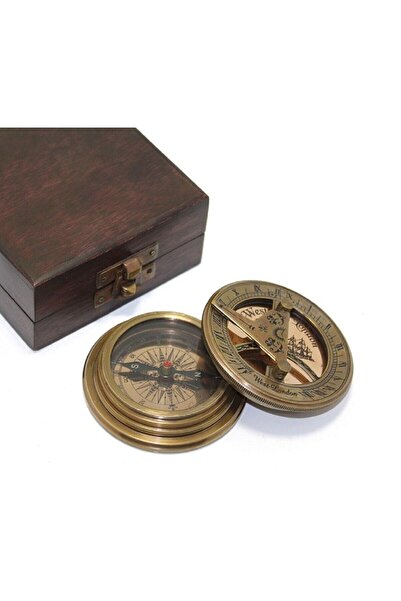 HEDİYE FİKRİ Wooden Boxed Sun Clock and Compass Set Made of Decorative Brass Material