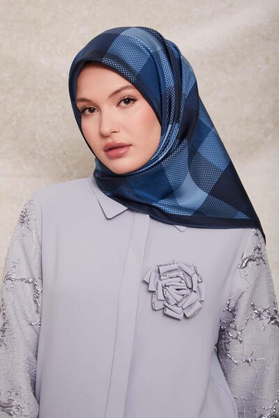 Levidor Μεταξωτό μαντήλι με καρό σχέδιο με μπλε κουκκίδες