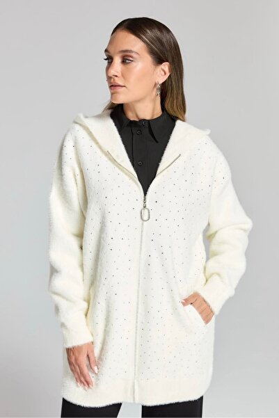 FUAT GÜRSEN Pearl Embroidered Hooded Zippered Plush Coat