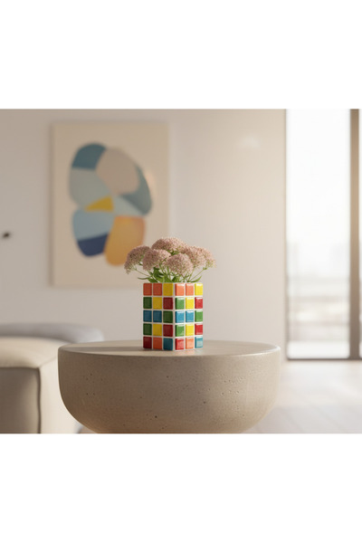 Tasarım El Yapımı Mozaik Seramik Vazo – Renkli Geometrik Desenli Vazo