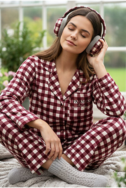 Siyah İnci Burgundy Plaid Patterned Knitted Pocket Detailed Buttoned Cotton Pajama Set7611