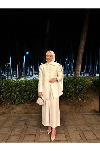 byalisdmr Simli Tüvit kumaş 3 düğmeli Astarlı Ceket -Ekru