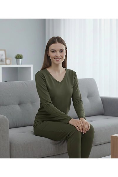 ÇAĞ MODA Viscose Knitted V-Neck Long Sleeve Women's Pajamas Set