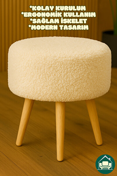 DEKOR MOBİLYACIM Yuvarlak Balkon Mutfak Salon Ayak Uzatma Pufu Gürgen Ayaklı Özel Tasarım Krem Puf Koltuk