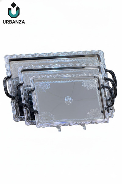 Urbanza Classic 3-Piece Silver Serving Tray Set with Floral Border & Black Ha...