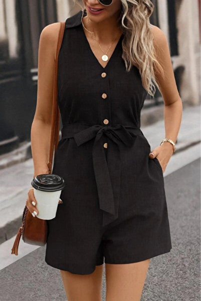 MODA Women's Zero Sleeve Collar Buttoned Waist Belted Short Linen Jumpsuit