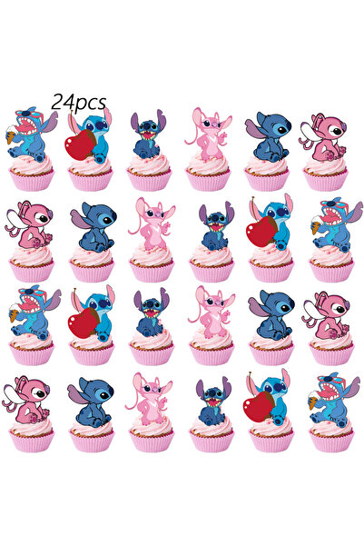 Miniso 24pcs Stitch Cake Topper、Cupcake Toppers，Stitch Birthday Decorations，Stitch Theme Party Supplies, St