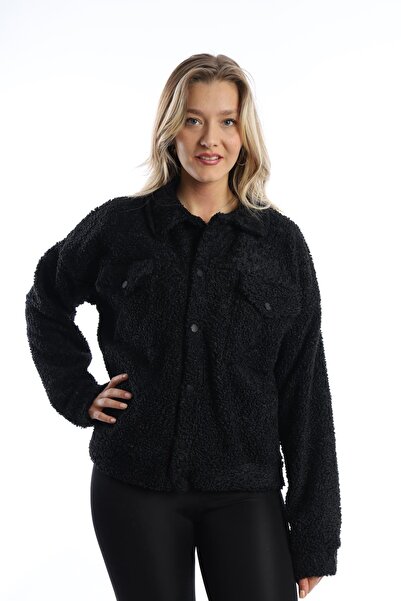 Polo State Jachetă de pluș creț cu închidere automată pentru femei, neagră