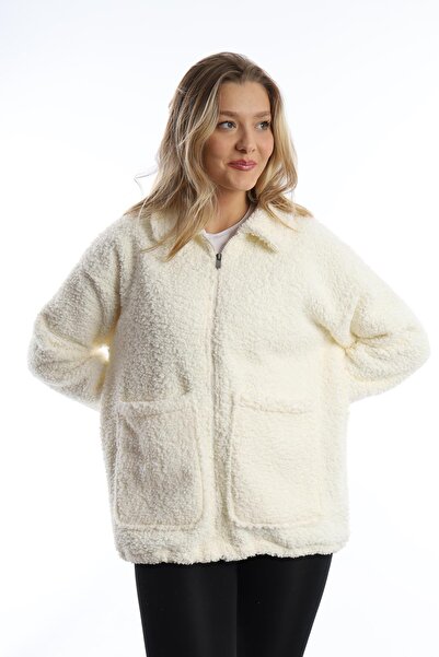 Polo State Women's Zippered Stopper Detailed Curly Plush Jacket Ecru