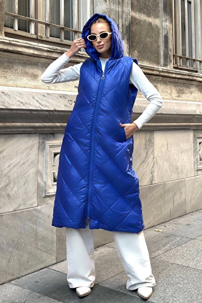 Keyifli Moda Women's Saks Blue Hooded Pocketed Diamond Pattern Long Puffer Vest