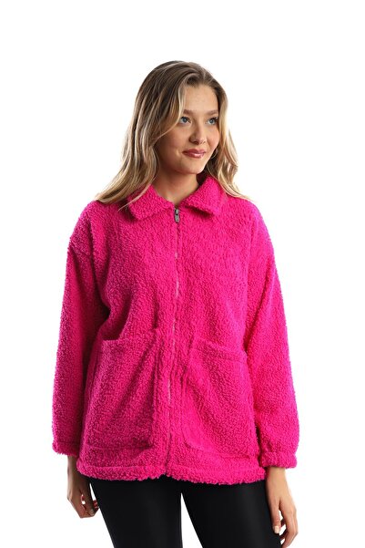 Polo State Kadın Fermuarlı Stoper Detaylı Kıvırcık Peluş Ceket Fuşya