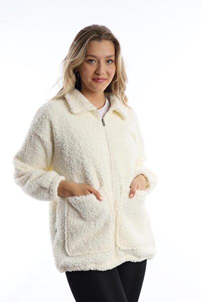 Polo State Women's Zippered Stopper Detailed Curly Plush Jacket Ecru