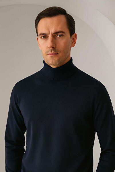 Valiberta Fincher Half Fisherman Slim Fit High Neck Men's Sweater - Navy Blue