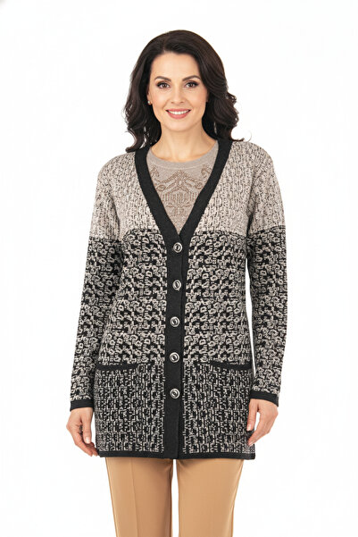 Oppland Women's Beige Winter Motif Double Pocket Front Buttoned Regular Cut Lycra Woolen Fabric Mother Cardigan