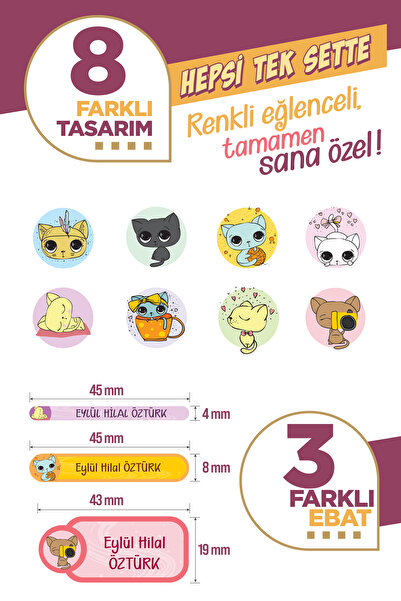 colortouch 296 ADET Kediler Serisi Okul Etiketi Kalem Etiketi Defter Etiketi Kişiye Özel İsim Yazılabilen Etiket