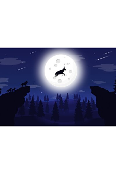 Zumzeria Tablou Canvas Reindeer Wolf Luna Plină Noapte Ilustrație, 80x50cm, tablou1270, Zumzeria ®