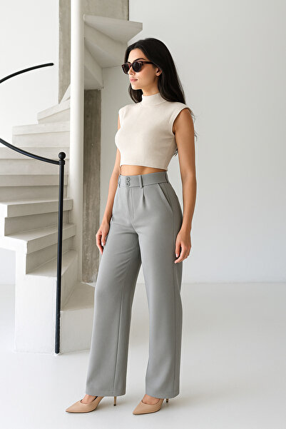 Ramior Women's Gray High-Waisted Fabric Trousers – Straight-Leg Classic Office & Casual Stylish Model