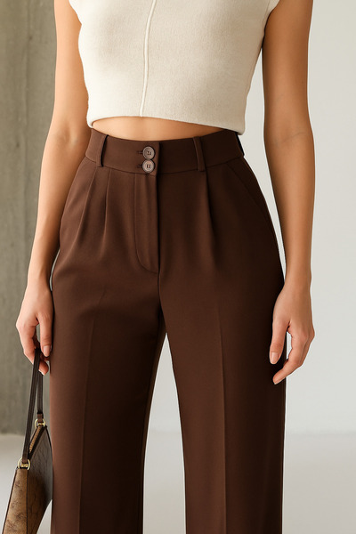Ramior Women's Brown High Waist Palazzo Pants – Wide Leg Stylish Office & Casual Model