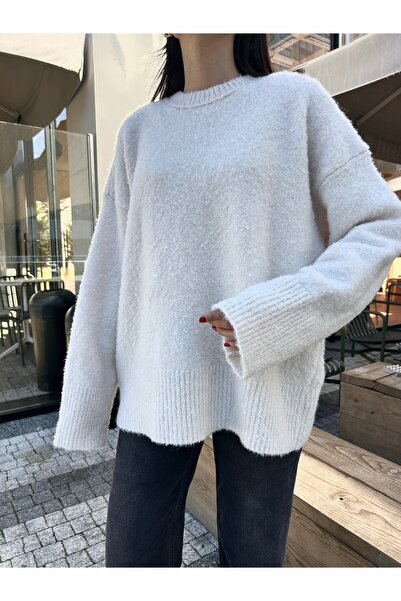 Puella Kzk0011 Women's White Crew Neck Buklet Oversized Knitwear Sweater