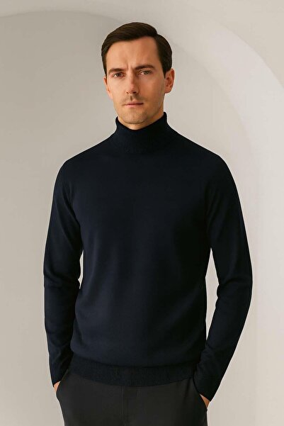 Valiberta Мъжки пуловер Fincher Half Fisherman с права кройка и обло деколте - тъмносин