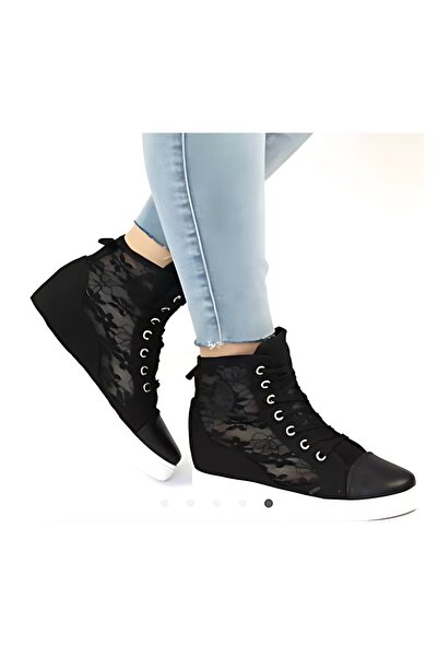 VINTIQUE Sneakers înalți cu platformă – negru, dantelă și piele ecologică