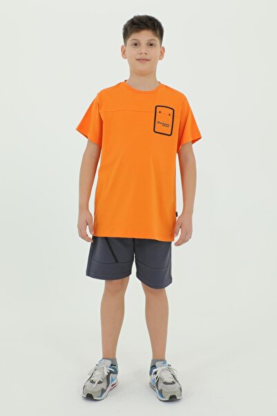Black One Crew Neck Boy's Print Detailed T-Shirt and Shorts Double Set