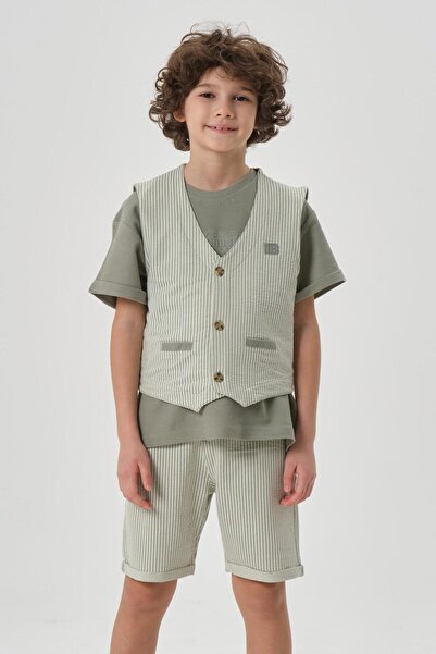 Black One Honeycomb Fabric Print Detailed Boy's Bottom Shorts Top Crew Neck T-shirt Vest Set