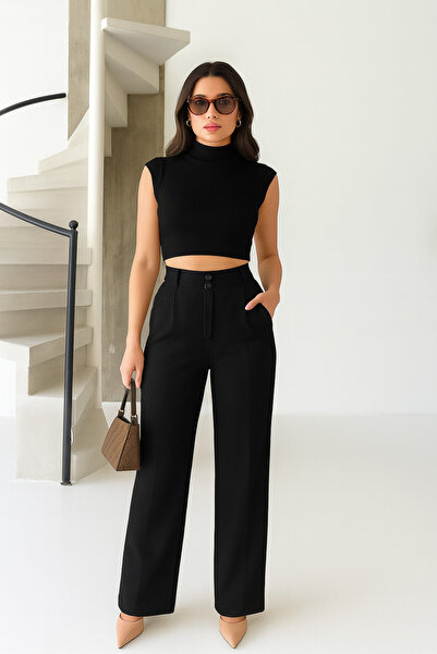 Ramior Women's Black High Waist Fabric Trousers – Straight Leg Stylish Office & Classic Model