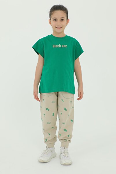 Black One Crew Neck Girl's Print Detailed Cotton Summer T-Shirt Trousers 2-Piece Tracksuit Set