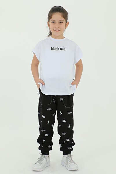 Black One Crew Neck Girl's Print Λεπτομερές βαμβακερό καλοκαιρινό μπλουζάκι παντελόνι 2 τεμαχίων φόρμας