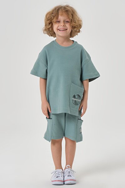 Black One Boy's Combed Cotton Waffle Fabric Top and Bottom Set