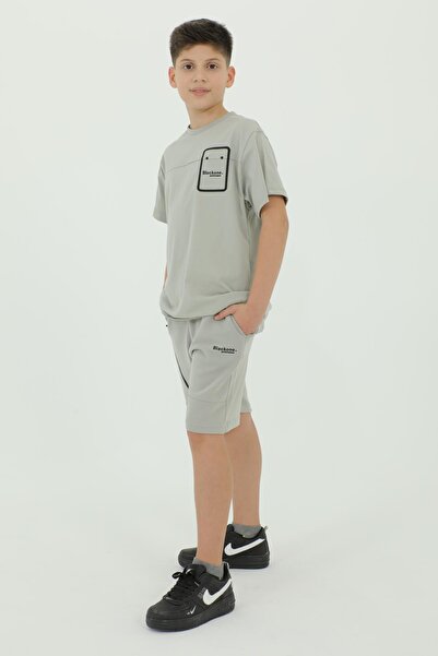 Black One Crew Neck Boy's Print Detailed T-Shirt and Shorts Double Set