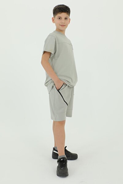 Black One Crew Neck Boy's Print Detailed T-Shirt and Shorts Double Set